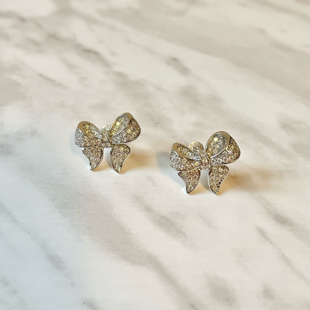 New Crystal Bow Sterling Silver Stud Earrings